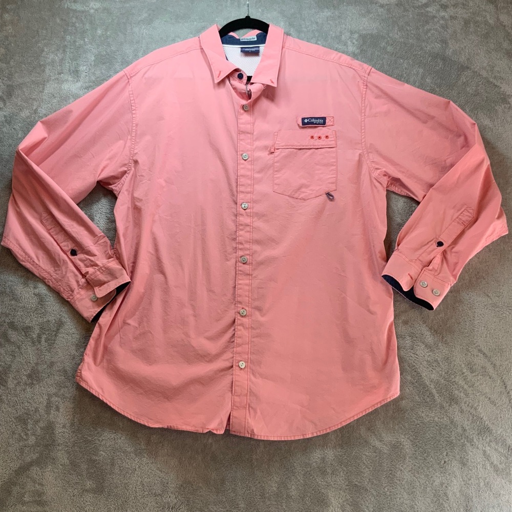 Columbia PFG Men Long Sleeve Fishing Shirt Coral Pink Cotton Blend Large RN69724